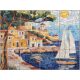 Mediterranean ceramic tile mural with sailboats, seaside houses and a sunny harbor view