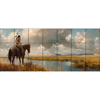 indián férfi lóháton a tóparton, vadnyugati tájat ábrázoló kerámia dekorcsempe indián férfi lóháton a tóparton, vadnyugati tájat ábrázoló kerámia dekorcsempe