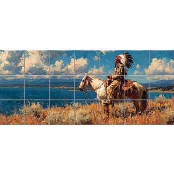 Native American man on horseback by the lake – western-style ceramic tile mural
