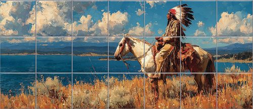 Native American man on horseback by the lake – western-style ceramic tile mural