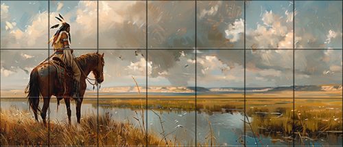 Native American man on horseback by the lake – western-style ceramic tile mural