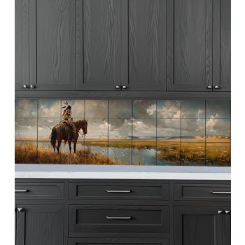 indián férfi lóháton a tóparton, vadnyugati tájat ábrázoló kerámia dekorcsempe