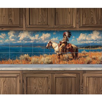 Native American man on horseback by the lake – western-style ceramic tile mural