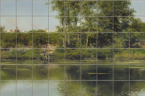 Tile mural with riverbank, trees and men fishing