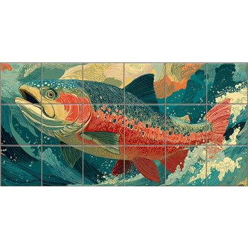 Colorful salmon leaping through waves – ceramic tile mural with aquatic theme Colorful salmon leaping through waves – ceramic tile mural with aquatic theme