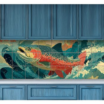 Colorful salmon leaping through waves – ceramic tile mural with aquatic theme