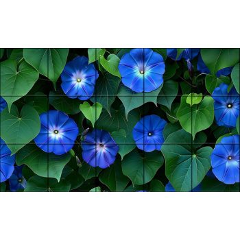 Kék hajnalka virágokat és zöld színű leveleket ábrázoló fali csempe