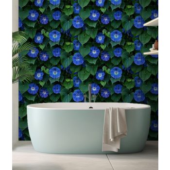 Kék hajnalka virágokat és zöld színű leveleket ábrázoló fali csempe