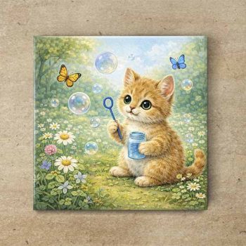 Bubble blower kitty - ceramic tile trivet