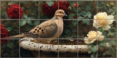 Mourning dove on an antique birdbath with red and cream roses, tile mural