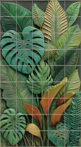 Tropical leaves ceramic tile mural with monstera and banana leaves