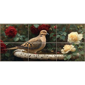 Mourning dove on an antique birdbath with red and cream roses, tile mural Mourning dove on an antique birdbath with red and cream roses, tile mural