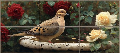Mourning dove on an antique birdbath with red and cream roses, tile mural