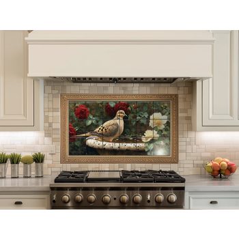 Mourning dove on an antique birdbath with red and cream roses, tile mural