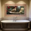 Mourning dove on an antique birdbath with red and cream roses, tile mural