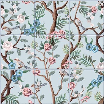 Chinoiserie tile mural with brown branches, pink and blue flowers, and decorative birds on light blue background