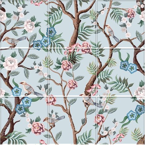 Chinoiserie tile mural with brown branches, pink and blue flowers, and decorative birds on light blue background