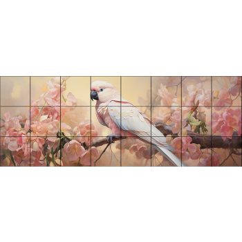 Pink cockatoo on flowering branch – romantic nature-inspired tile mural Pink cockatoo on flowering branch – romantic nature-inspired tile mural