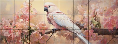 Pink cockatoo on flowering branch – romantic nature-inspired tile mural