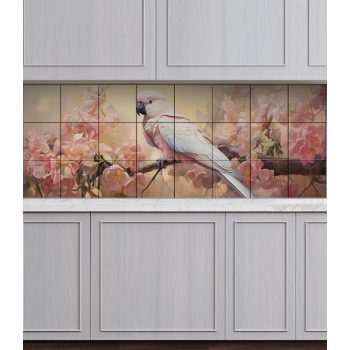Pink cockatoo on flowering branch – romantic nature-inspired tile mural