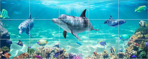 Delfines trópusi fürdőszoba csempe színes halakkal és korallzátonnyal