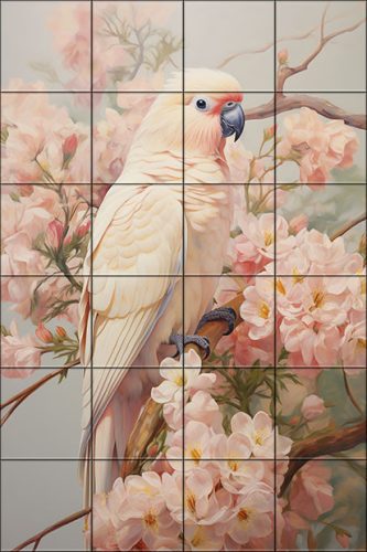 Pink cockatoo on flowering branch – romantic nature-inspired tile mural