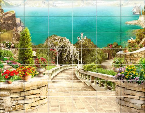 Mediterranean Tile Mural with Sea View and Stone Staircase