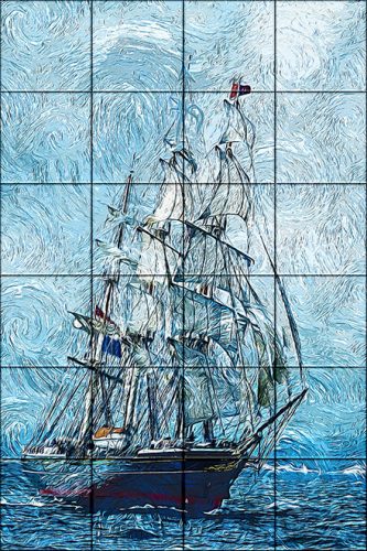 Ceramic tile mural - ship  Van Gogh style 