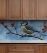 Tile mural with blue tit, blossoming branch, and light blue sky