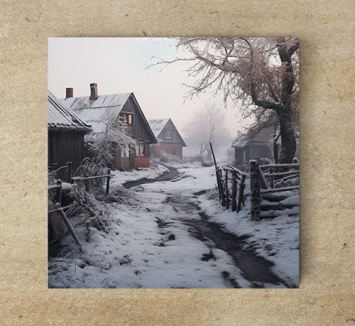 Edényalátét csempe - falusi tájkép télen (20x20 cm)