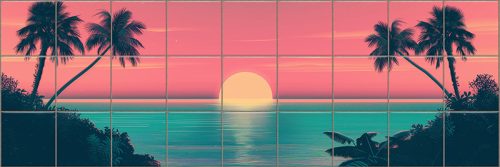 ceramic tile mural with retro tropical sunset and palm trees