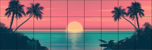 Neon sunset with palm trees – Miami Vice style tile mural