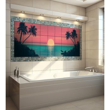 Neon sunset with palm trees – Miami Vice style tile mural