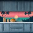 Kitchen tile mural with retro tropical sunset and palm trees