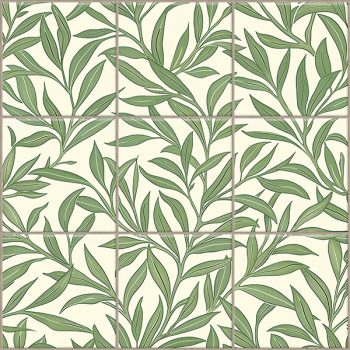 Green willow leaf ceramic tile mural in William Morris style on cream background Green willow leaf ceramic tile mural in William Morris style on cream background