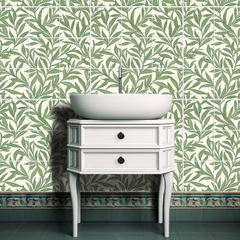 Green willow leaf ceramic tile mural in William Morris style on cream background