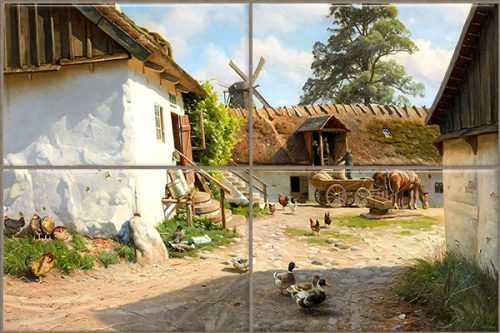 Tile mural with farmyard, poultry, horse cart and windmill