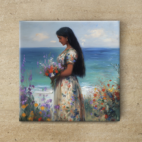 Ceramic tile mural - woman picking flowers on the shore