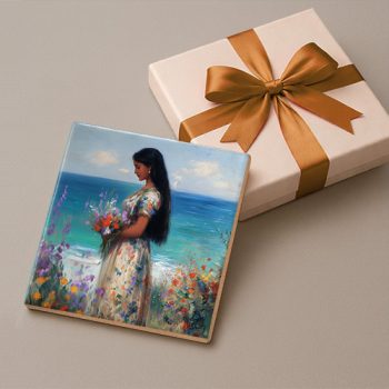 Ceramic tile mural - woman picking flowers on the shore