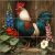 Tile mural with rooster and blooming garden flowers on rustic wood