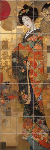 Ceramic tile mural - sakura blossoms and japanese woman