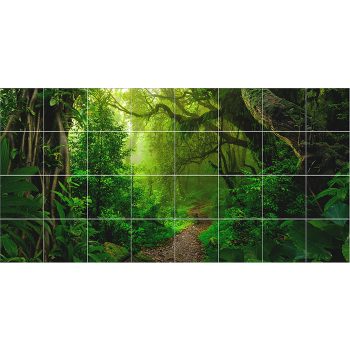 Tropical jungle with lush greenery and forest path – ceramic tile mural Tropical jungle with lush greenery and forest path – ceramic tile mural