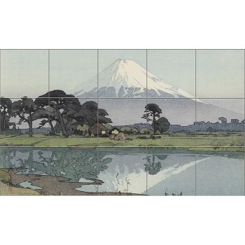 Japán tájkép Fudzsi-heggyel, tóval és csónakokkal – panorámaformátumú csempekép Japán tájkép Fudzsi-heggyel, tóval és csónakokkal – panorámaformátumú csempekép