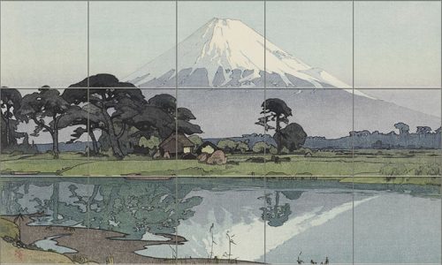 Japán tájkép Fudzsi-heggyel, tóval és csónakokkal – panorámaformátumú csempekép