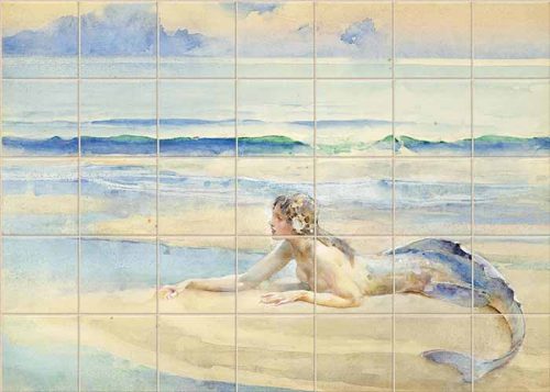 Mermaid on the seashore ceramic tile mural with blue sea and waves