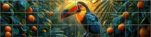 Colorful toucan on a tropical branch with berries in sunlit jungle – exotic tile mural