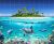 Tropical dolphin bathroom tile mural with coral reef and palm island
