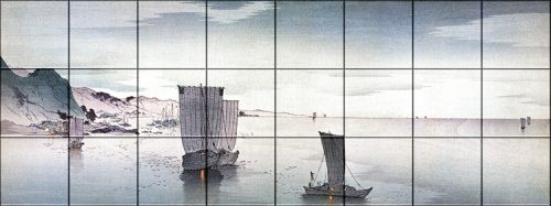 Ceramic tile mural - sailing ships at dusk