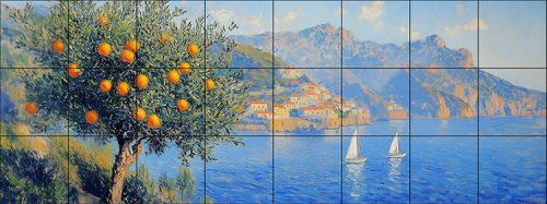 Fali csempe mediterrán tájkép narancsfával és tengerrel