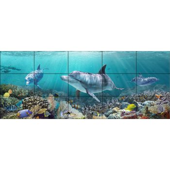 Tropical ceramic tile mural with dolphins, colorful fish, and coral reef Tropical ceramic tile mural with dolphins, colorful fish, and coral reef